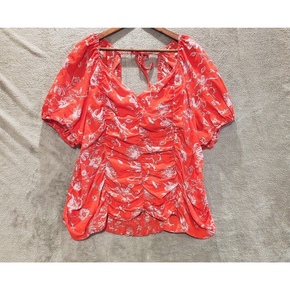 Ava & Viv Womens Orange Pink Floral Smocked Puff Sleeve Blouse Size 3X Beach